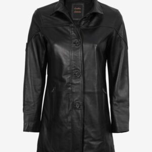 Women's Black Zipper + Button Closure Leather Coat